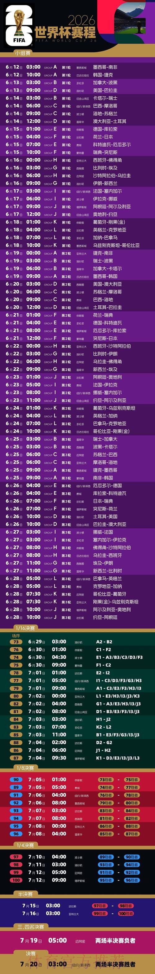 2026世界杯赛程官方发布完整安排免费观看 2026世界杯赛程官方发布完整安排免费观看